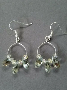 Earrings Handmade Sage Green & Iridescent Ivory Crystal Mini Hoop Drop Dangle - Picture 1 of 1