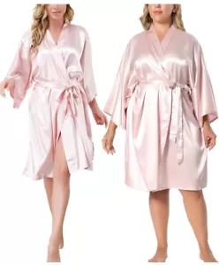 NEW Light Pink Satin Kimono Short Bath Robe Lingerie, Sleepwear Wms Sz 2X/3X - Picture 1 of 15