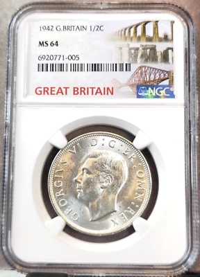 1942 GREAT BRITAIN SILVER 1/2 CROWN GEORGE VI NGC MS 64 RARE BEAUTIFUL BU - Image 1 of 3