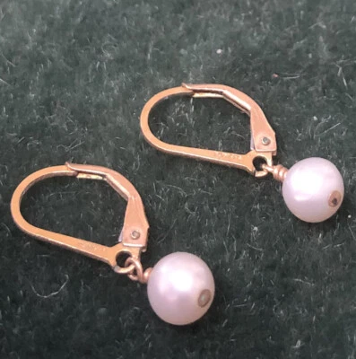 VINTAGE 14K GF GOLD FILLED DROP DANGLE PEARL EARRINGS LEVERBACK CLASSICS 3.5-4mm - Image 1 of 4