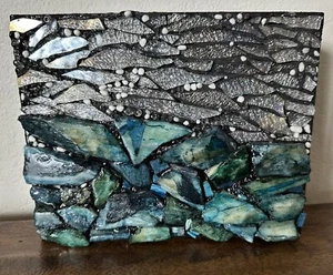 Handmade Mixed Media Mosaic ,Wall Art, Natural Stone, Glass, Resin, Blue,silver - Picture 1 of 10