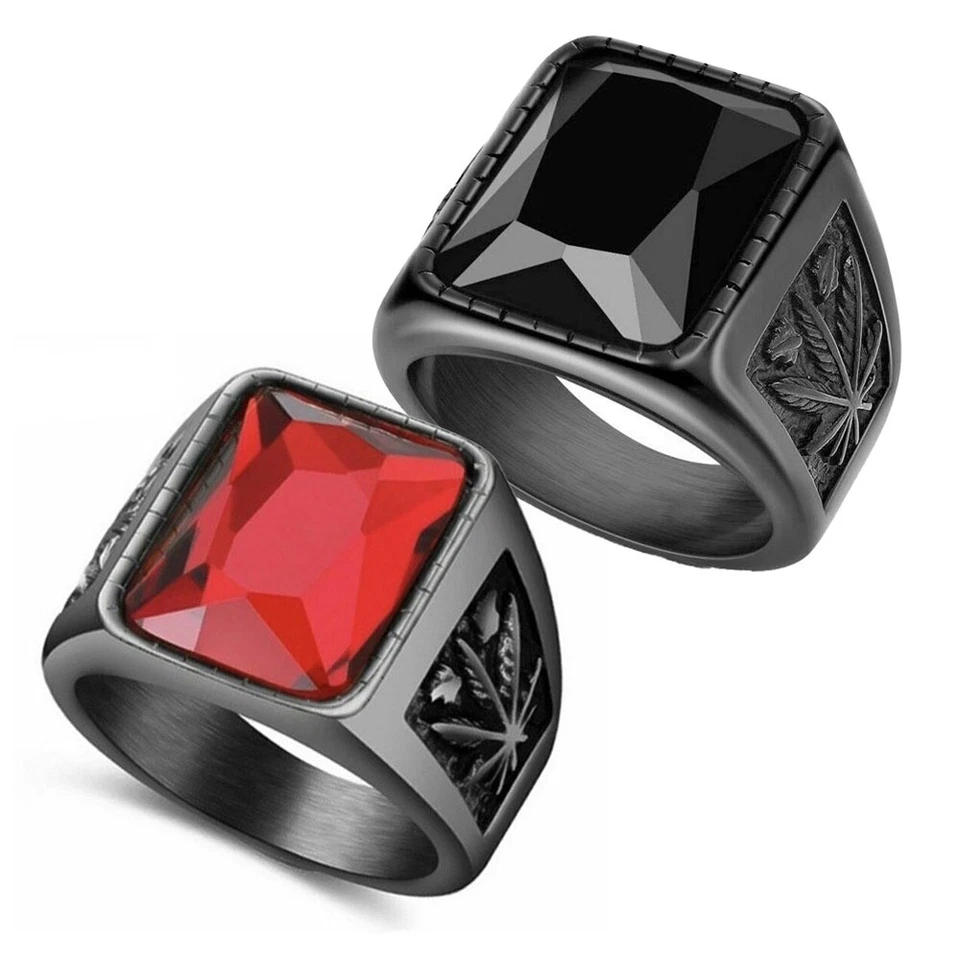 Anillo de acero inoxidable negro ónix rojo banda cannabis maceta hoja cáñamo negro rojo Z675 Foto 1 de 1