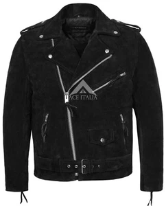 Men's Brando Leather Jacket Motorcycle Black Suede Marlon Biker Jacket - Picture 1 of 5