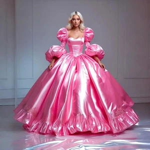 Vestido de novia rosa de lujo con cuello cuadrado mangas linterna plisado hasta el suelo - Imagen 1 de 9