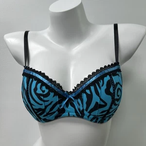 Vintage Y2K Candie's Bra Blue Zebra Print Lace Trim Padded Underwire 34C - Picture 1 of 8