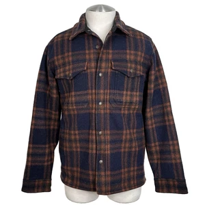 FILSON Mackinaw Jac Shirt 100% Wool Fully Lined Navy Copper Brown Jacket Large - Picture 1 of 11