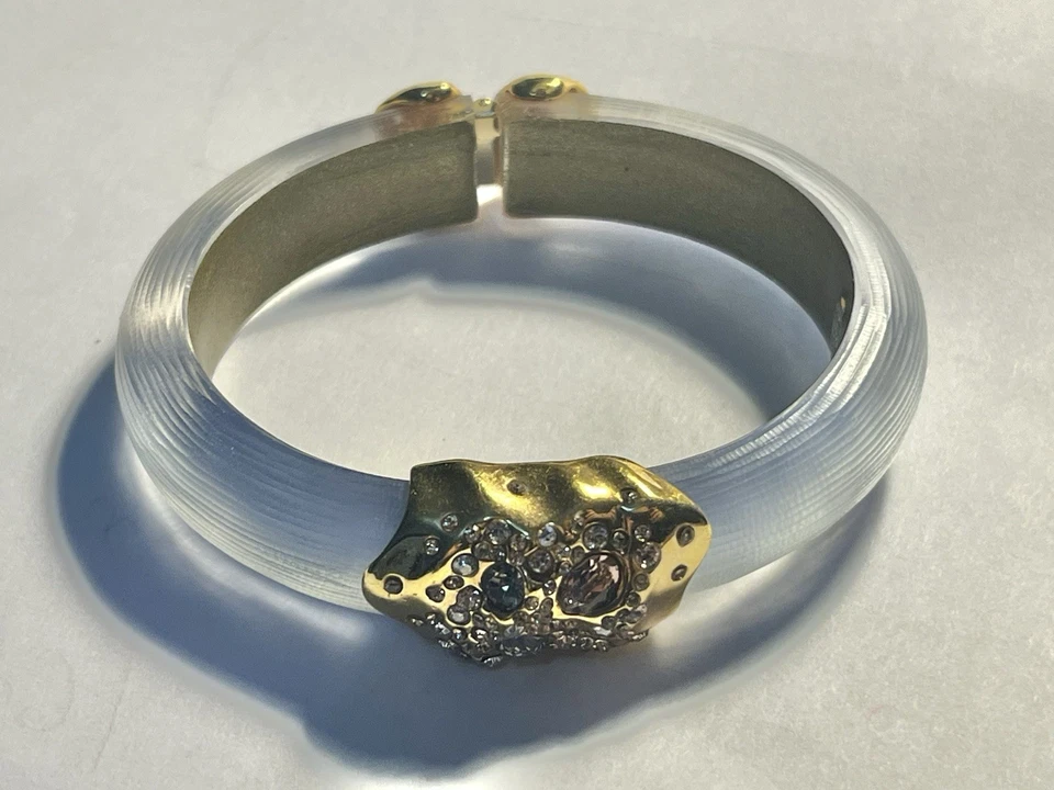 Alexis Bittar Designer Grey Lucite & Crystal Gold Plated Hinged Bangle Bracelet - Image 1 of 4