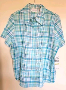 Alfred Dunner Womens 14 Plaid Metallic Beaded Button Up Collard Top Blouse NEW - Picture 1 of 3
