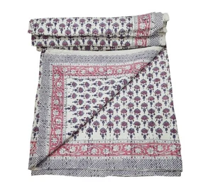 Indian Kantha Quilt Bedspread Bedding Cotton Throw Hand Block Print Blanket Art - Picture 1 of 12