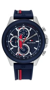 Reloj Tommy Hilfiger 1792083 para hombre caja plateada banda de goma azul esfera azul 46 mm - Imagen 1 de 4