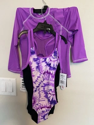 Conjunto de traje de baño y camisa protectora contra erupciones ZeroXposur de una pieza púrpura multi niña 7/8 nuevo con etiquetas Foto 1 de 4