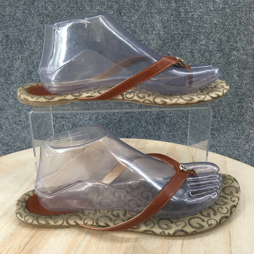 G By Guess Sandals Womens  9.5 M Thong Flats Brown Leather Signature Print - Image 1 of 4
