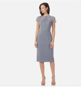 J. S Collections Gray Pleated Mesh Neckline Sheath Cocktail Work Dress Nwt 4 - Picture 1 of 8