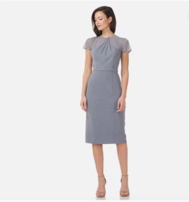 J. S Collections Dress Gray Pleated Mesh Neckline Sheath Cocktail Nwt 4 - Image 1 of 4