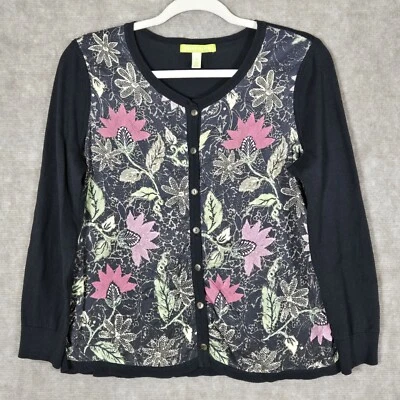 Suéter Sigrid Olsen Mujer Mediano Negro Floral Cárdigan Panel de Seda Tejido Frontal Foto 1 de 4