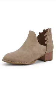 FISACE Womens Ruffled Ankle Boots V Cut Out Pointed Toe Chunky Low Heel Booties - Picture 1 of 5