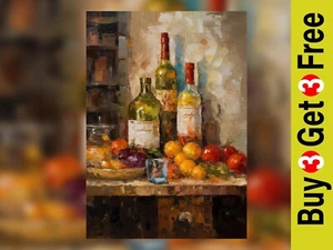 Classic Still Life Oil Painting Print - Fruit & Wine Art Decor 5" x 7" - Picture 1 of 5