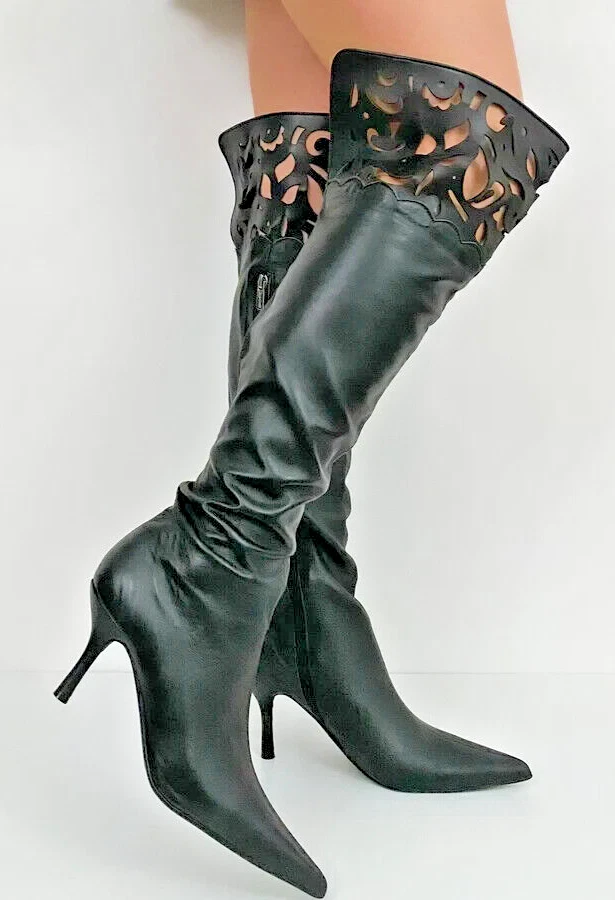 Colin Stuart Black Leather Boots 7 B Over The Knee Thigh Stiletto Heel Cutouts - Image 1 of 4