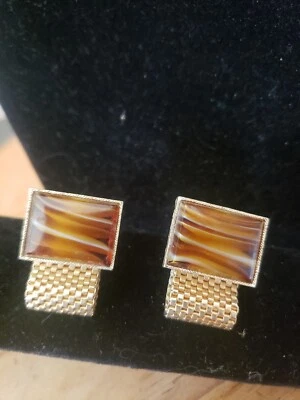 Vintage Cufflinks -  Faux tiger eye Stone Gold tone metal w/wrap around mesh.  - Image 1 of 4