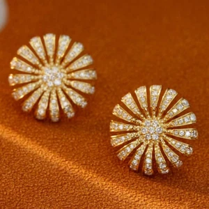 Beauty Sunflower Natural Diamond Women Earrings Stud Solid 14K Yellow Gold Gift - Picture 1 of 9
