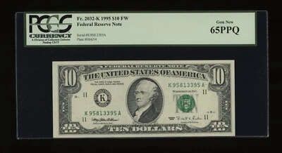 DBR 1995 $10 FRN Dallas Gem Fr. 2032-K PCGS 65 PPQ Serial K95813395A - Image 1 of 2