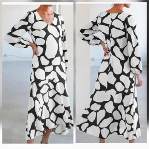 AYR The Fancy Lady Midikleid schwarz creme V-Ausschnitt Seide Langarm abstrakt Gr. S - Bild 1 von 19