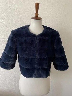 Eliza J Jacket Women Sz M Cropped Faux Fur Tiered Evening Holiday Blue NWT - Image 1 of 4