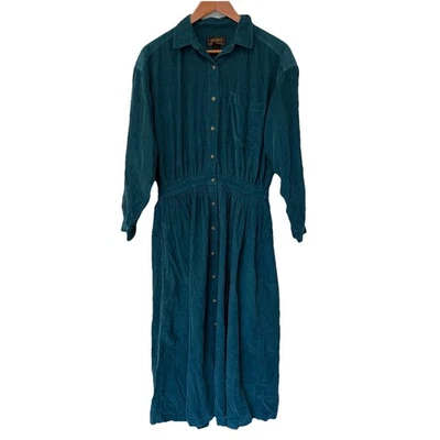 Vtg Eddie Bauer Teal Blue Large Petite Corduroy Button Up Dress Preppy Academia - Image 1 of 4