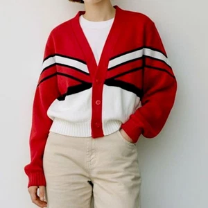 90s Cheerleader Cardigan Sweater Red Varsity Academic Preppy Red Sz M Chunky - Picture 1 of 12