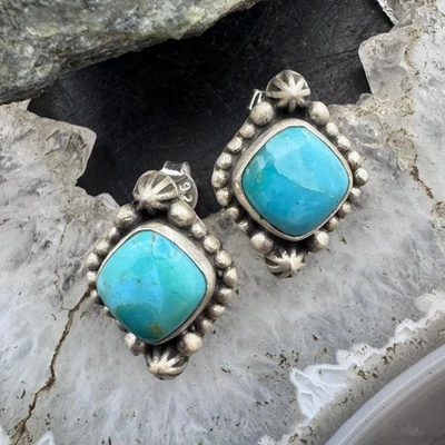 Sterling Silver Southwestern Style Square Turquoise Stud Earrings For Women - Image 1 of 4