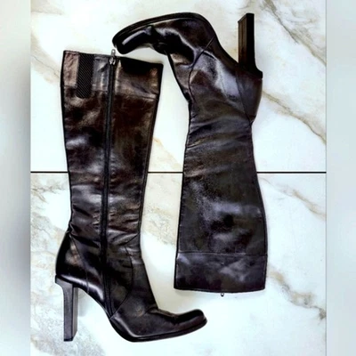 Botas de Tacón 4" Raras De Colección Y2K Bebe Cuero Negro Hasta la Rodilla Cremallera Lateral Punta Cuadrada, 10 Foto 1 de 4