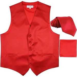 New men's tuxedo vest waistcoat & neck tie set horizontal stripes formal red - Picture 1 of 4