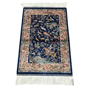 Persian Style Silk Rug Hunting Scene Design 87x58 cm Luxurious Decorative Accent - Picture 1 of 11