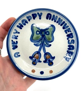 Vintage M.A. HADLEY Small HAPPY ANNIVERSARY Mini PLATE Folk Art POTTERY Coaster - Picture 1 of 4