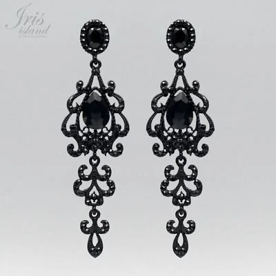 女士黑色喷射水晶水钻婚礼吊灯吊坠耳环 07037 — 第 1/4 张图片