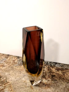 8" Murano Sommerso Italian Art Glass Vase Square Diamond Cut Purple Yellow EXC!! - Picture 1 of 7