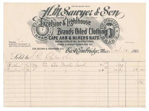 HM Sawyer & Son, East Cambridge MA illustrierte Rechnung, Leuchtturm Marke Hüte 1900 - Bild 1 von 3
