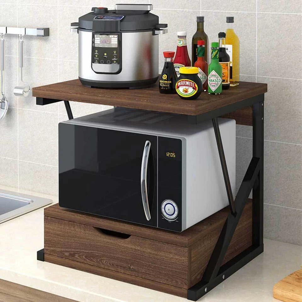 BAKAJI Scaffale Mensola Cucina Mobiletto Porta Microonde Cassetto Metallo Legno Noce