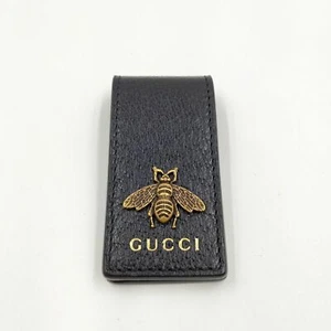 NM GUCCI Metal Bee Animalier Money Clip Black Leather Wallet Bill Holder F/S JP - Picture 1 of 5
