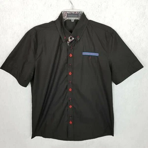 JEANSIAN Men's Contrast Double Button Slim Fit Shirt ~ Short Sleeve Black Medium - Picture 1 of 4
