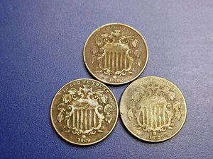 Lot of (3) U.S. Shield Nickels (1868, 1869, 1872) - Picture 1 of 2