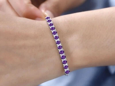5 Ct Oval Cut Lab-Created Birthstone Bolo Tennis Amethyst Bracelet 925 Silver - Image 1 of 4