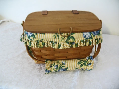 1996 Longaberger Medium Storage  Basket with Floral Print Cloth Liner and Lid Cover
