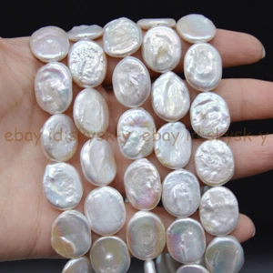 Natural White Freshwater Pearl Flat Oval Loose Beads 15'' Jewelry Making 14-18mm - Imagen 1 de 10
