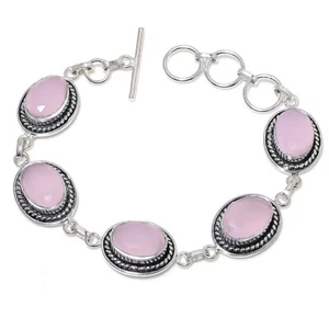Pink Rose Quartz Gemstone Handmade 925 Sterling Silver Bracelet Size 7-8" - Picture 1 of 1