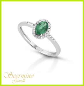 ANELLO IN ORO BIANCO 18K : SMERALDO E DIAMANTI NATURALI 0.41 CARATI CERTIFICATO - Picture 1 of 4