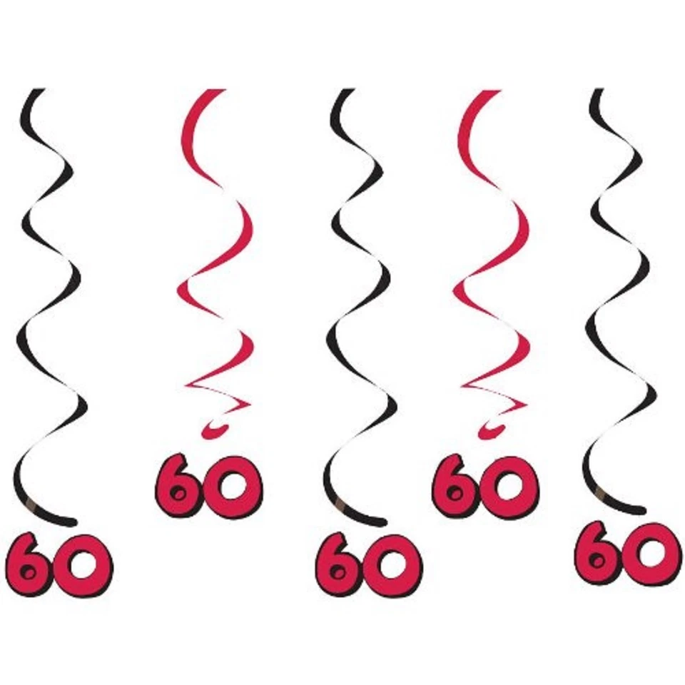 60 Cumpleaños Colgantes Remolinos 5 Mareos Colgantes en Paquete Colores Negro y Rojo Foto 1 de 1