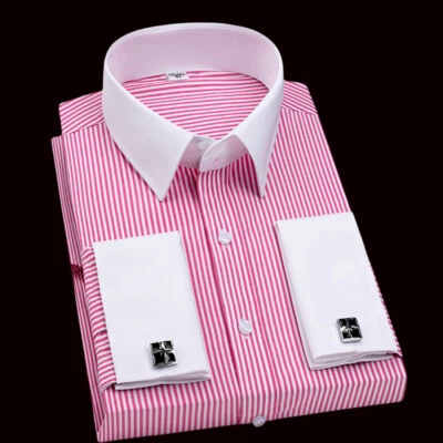Mens Dress Shirts The White Collar Luxury Slim Fit French Cuff Formal Shirts Top - Image 1 of 4