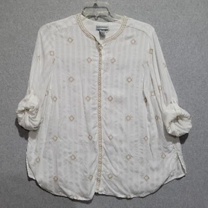 Catherines Embroidered Blouse 0X White Viscose Roll Tab Long Sleeves - Picture 1 of 14