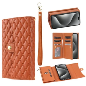 Leather Zipper Card Wallet Case For iPhone 16 Pro Max 15 14 Kickstand Flip Cover - Picture 1 of 18